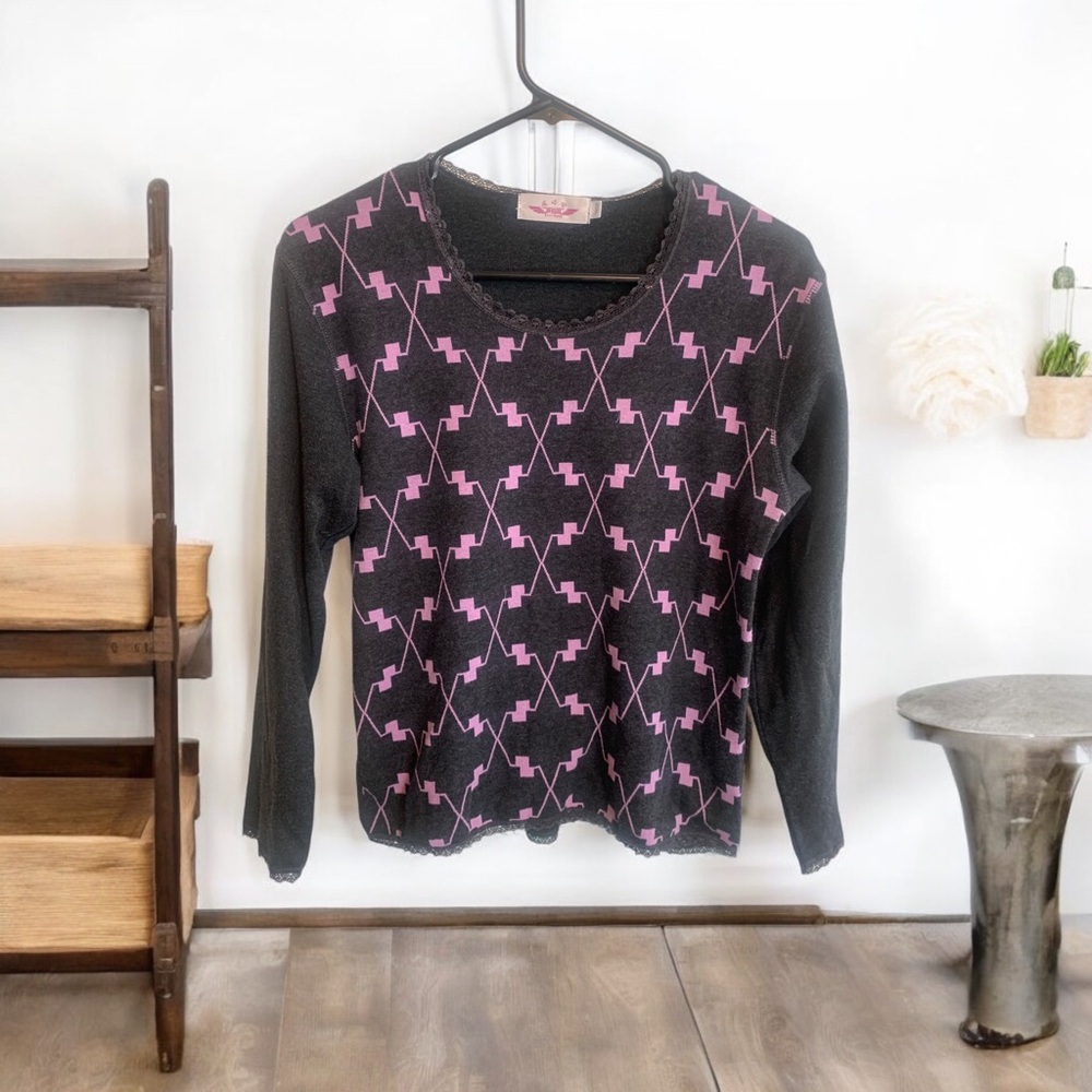 Pink Patterned Gray Women's Sweater